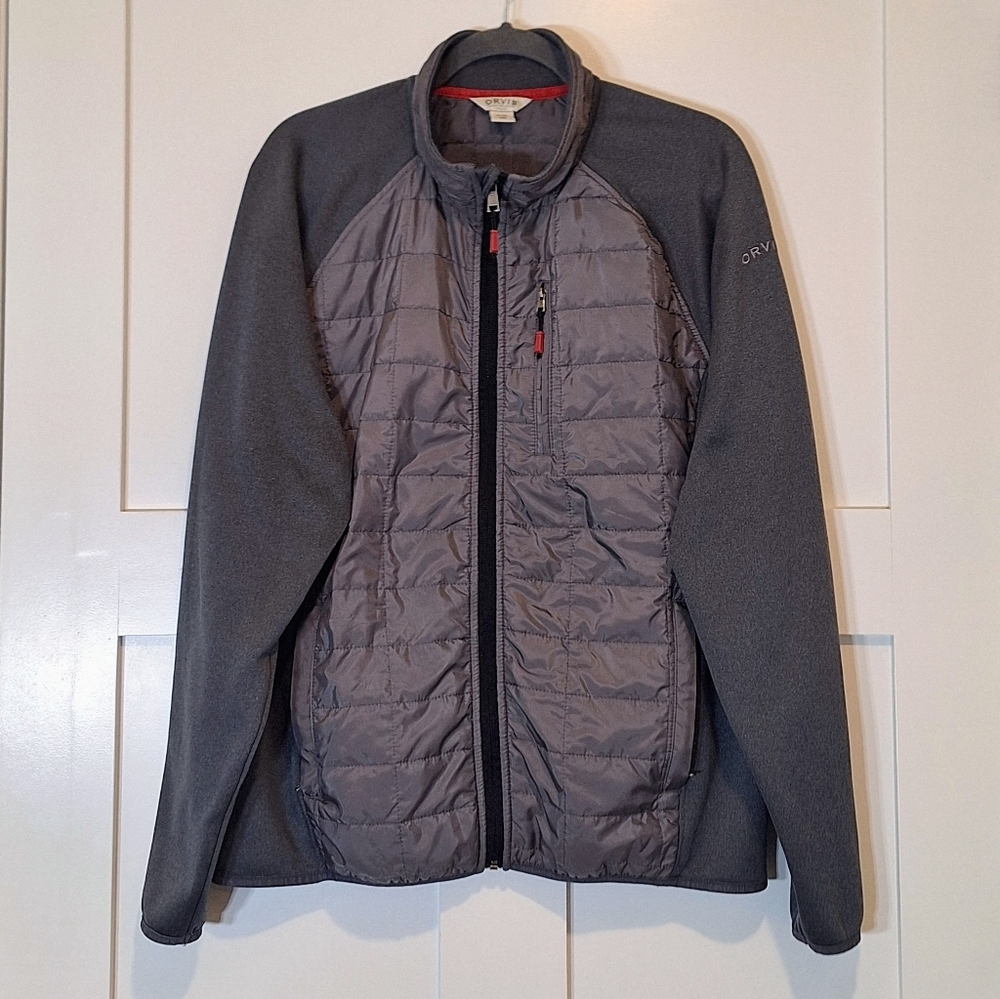 Orvis Quilted Fleece Full Zip Up Jacket Gray Size XL Inner Outer Pockets Mock Nk